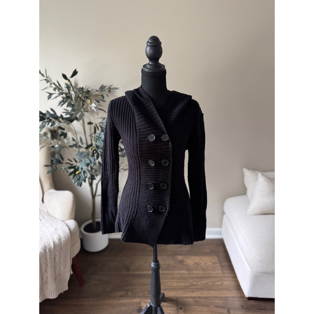 Takeout Black Ribbed Knit Hooded Cardigan Double Breasted Sweater Medium
